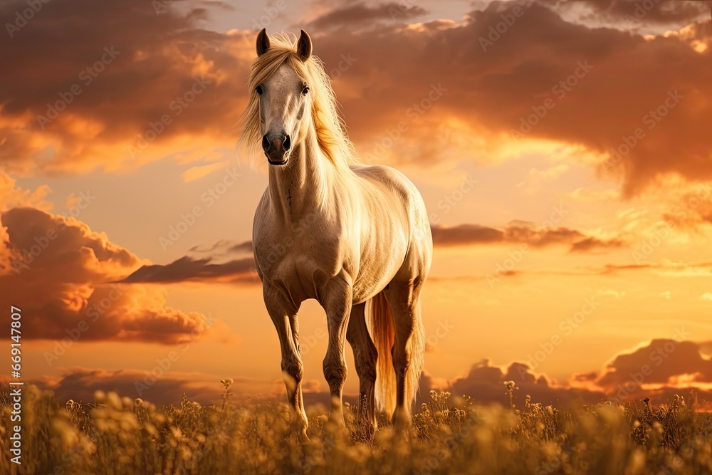 Poster a white horse standing on top of a lush green field under a cloudy sky with a sun setting behind it 