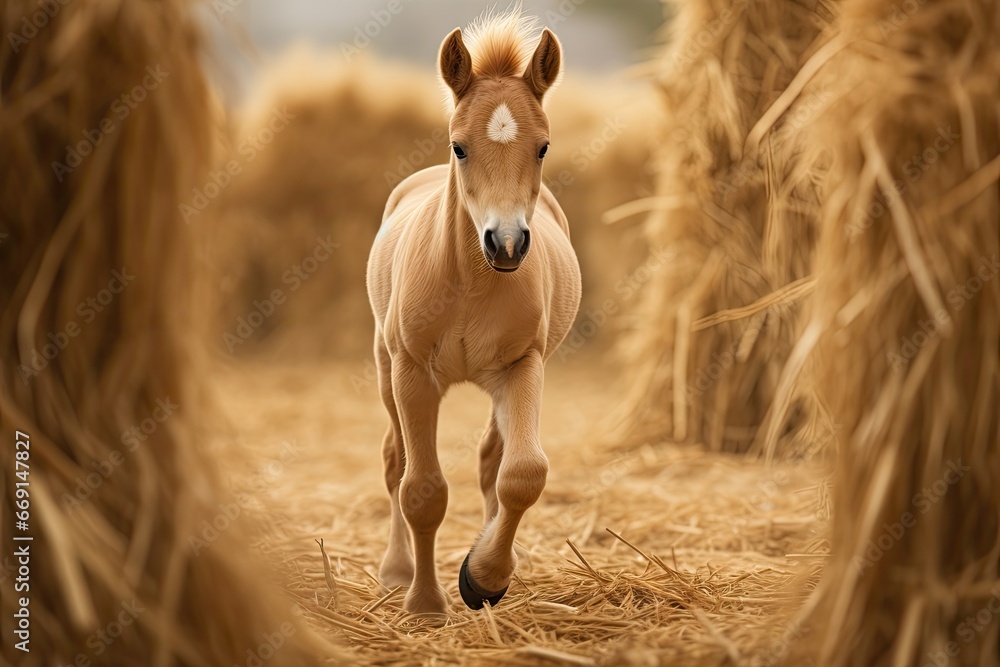 Poster a foal running through a field of hay in front of a stack of bales of hay in the foreground, with a 