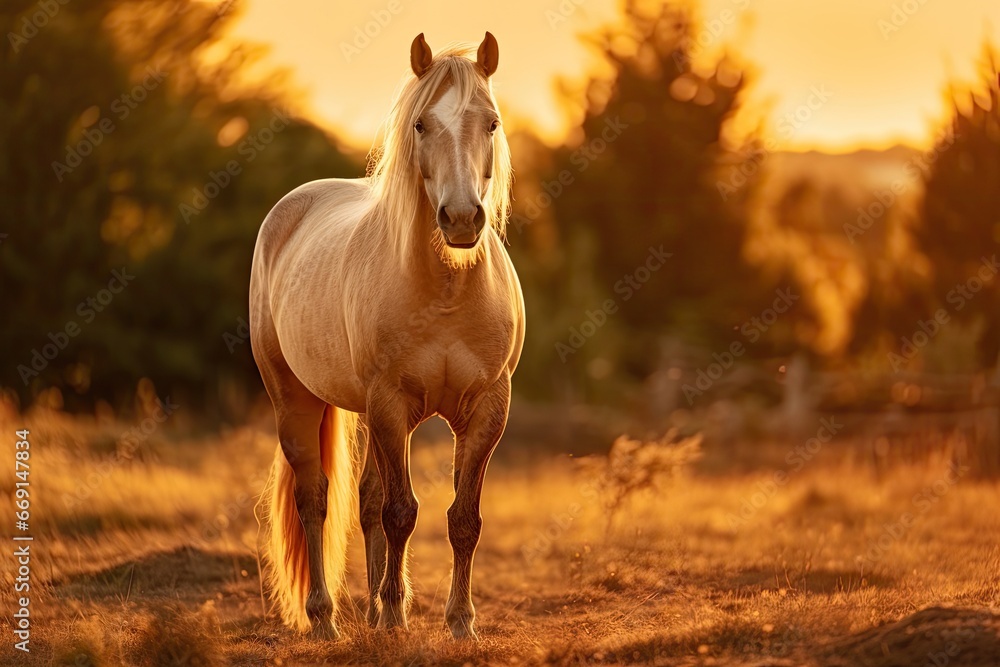 Poster a white horse standing in a field with trees in the background and a yellow sky in the middle of the