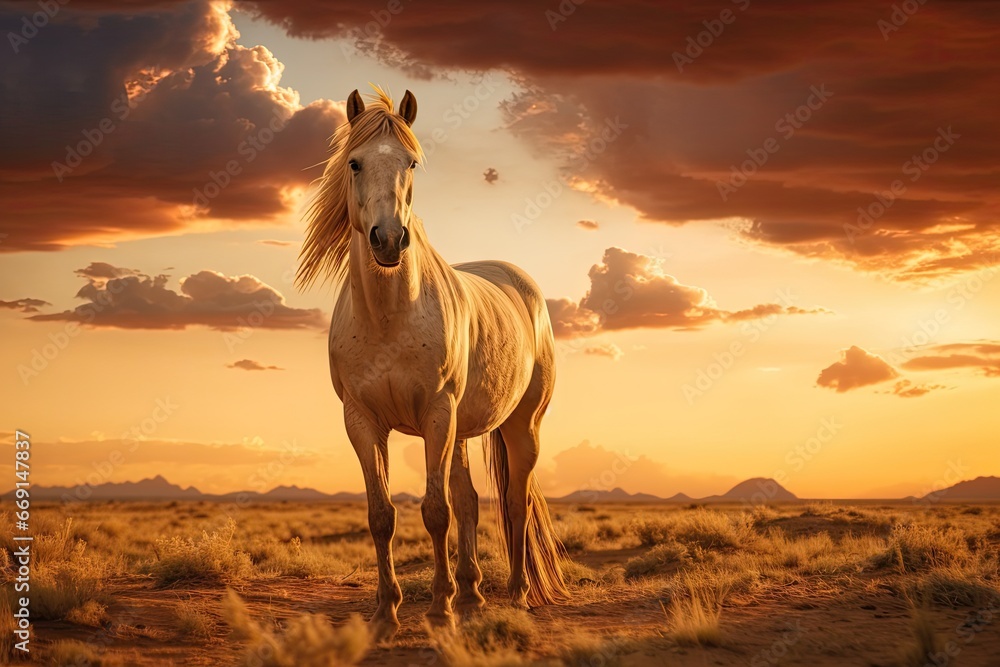 Poster a white horse standing on top of a dry grass field under a cloudy sky with a sun setting in the dist