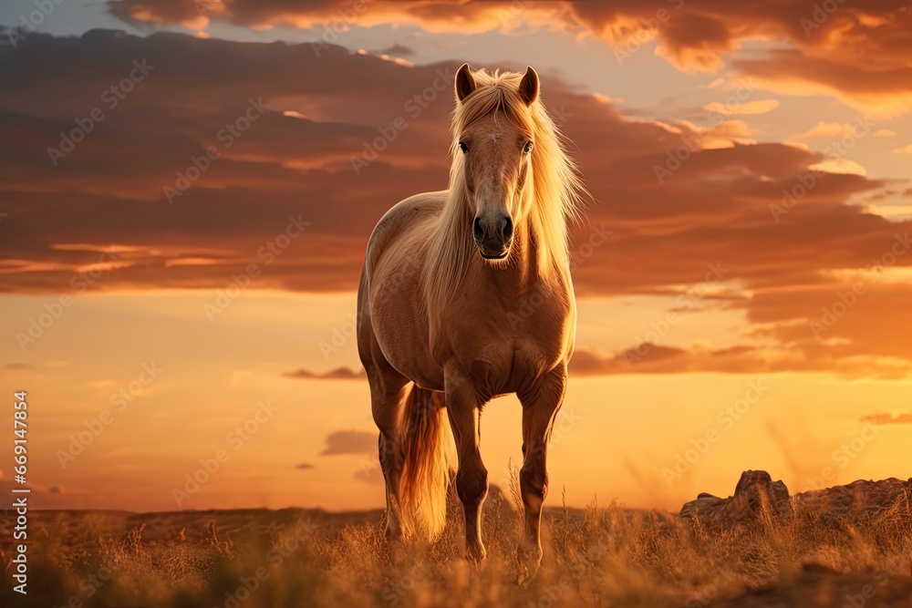 Poster a brown horse standing on top of a dry grass covered field under a cloudy sky with a sun setting beh