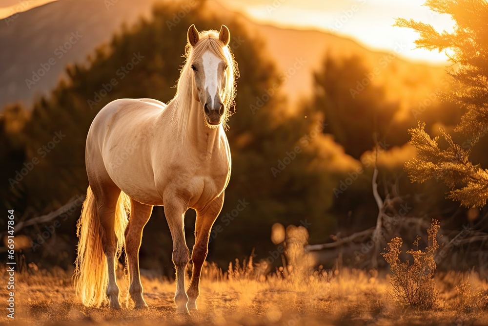 Poster a white horse standing in a field with trees in the background and the sun shining down on the trees