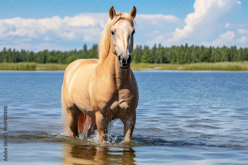 Poster a horse standing in a body of water with trees in the background and a blue sky with a few clouds in