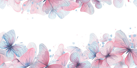 Butterflies are pink, blue, lilac, flying, delicate with wings and splashes of paint. Hand drawn watercolor illustration. Seamless border on a white background, for design.