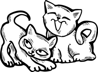 Cute cats friends sitting together. Decorative border, banner, postcard, poster print for kids room or birthday. Logo design for veterinary. Hand drawn illustration. Cartoon character vector drawing.