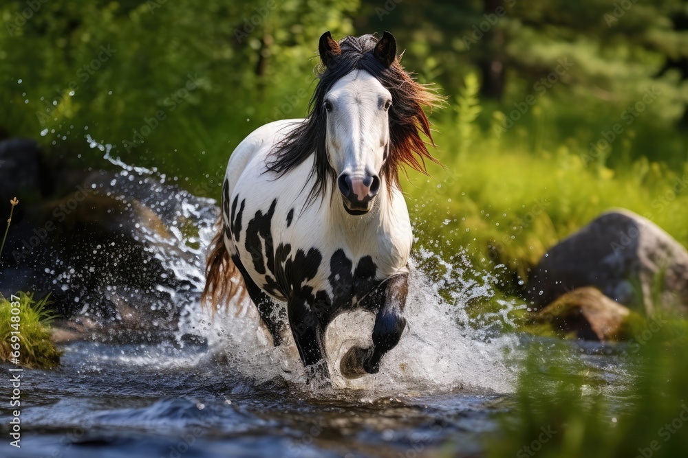 Poster a white and black horse running through a stream of water with trees and grass in the backgrouds in 