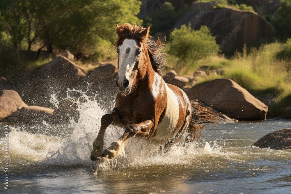 Poster a brown and white horse is running through a body of water with rocks in the background and grass in