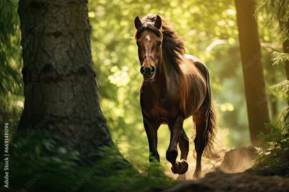 Poster a brown horse running through a forest with a tree in the foreground and sunlight shining through th
