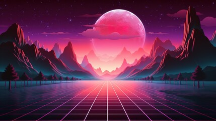 Synthwave retro cyberpunk style landscape background banner or wallpaper. Bright neon pink and purple colors. Ai generative