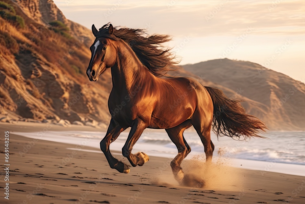 Poster a brown horse running on a beach next to a body of water with a mountain in the background and a per