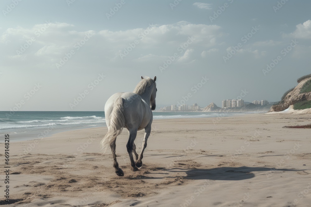 Poster  a white horse running on a sandy beach next to the ocean with a city in the background on a sunny day with a blue sky and white cloudless sky.  generative ai