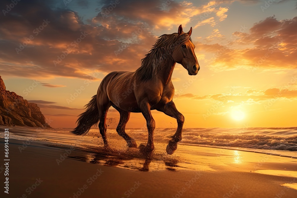 Poster a painting of a horse running on a beach with the sun setting in the background and a rock outcroppi