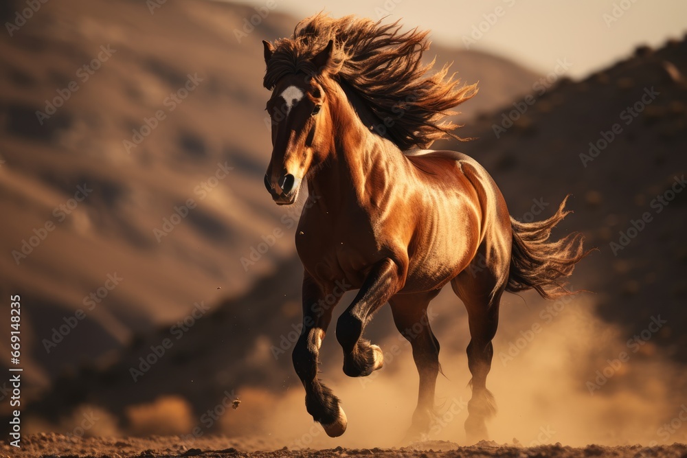 Poster a horse running on a dirt road in the middle of a mountain range with dust blowing in the air in the