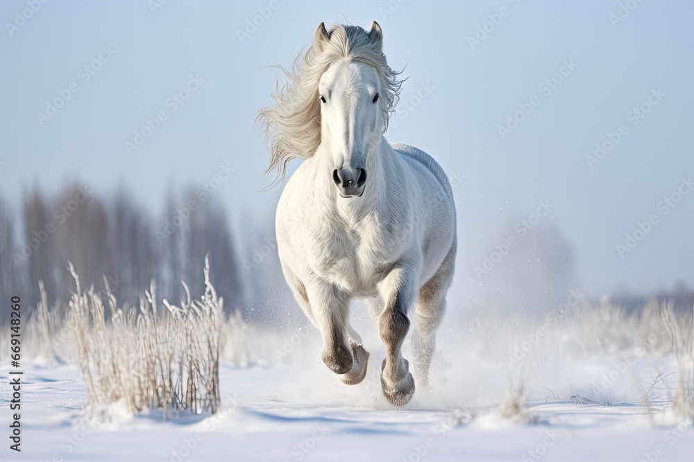 Aufkleber a white horse running in the snow with trees in the background and a blue sky in the background of t