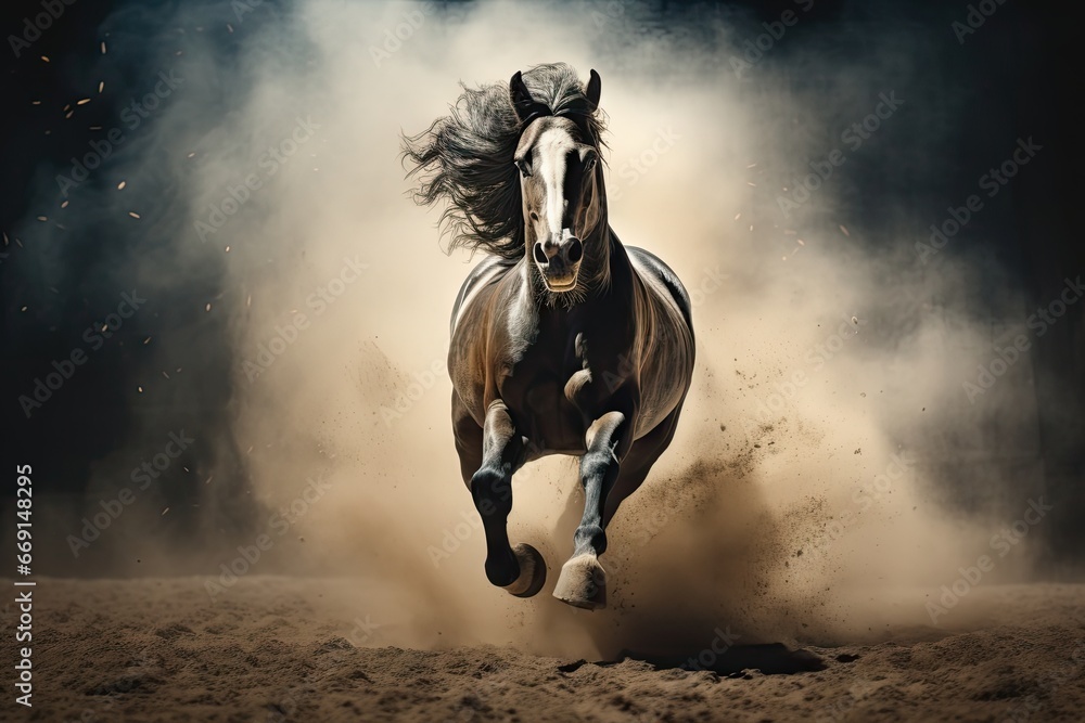 Poster a horse running on a dirt field with dust coming from it's back and it's front legs in the air and i