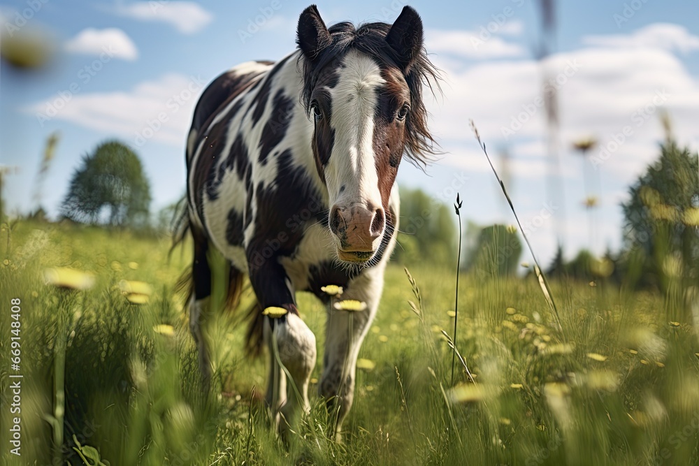 Poster  a brown and white horse standing on top of a lush green field next to a tall grass covered field with yellow flowers and a blue sky with white clouds in the background.  generative ai