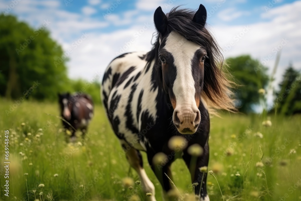 Poster a close up of a horse in a field of grass with other horses in the background in the background is a