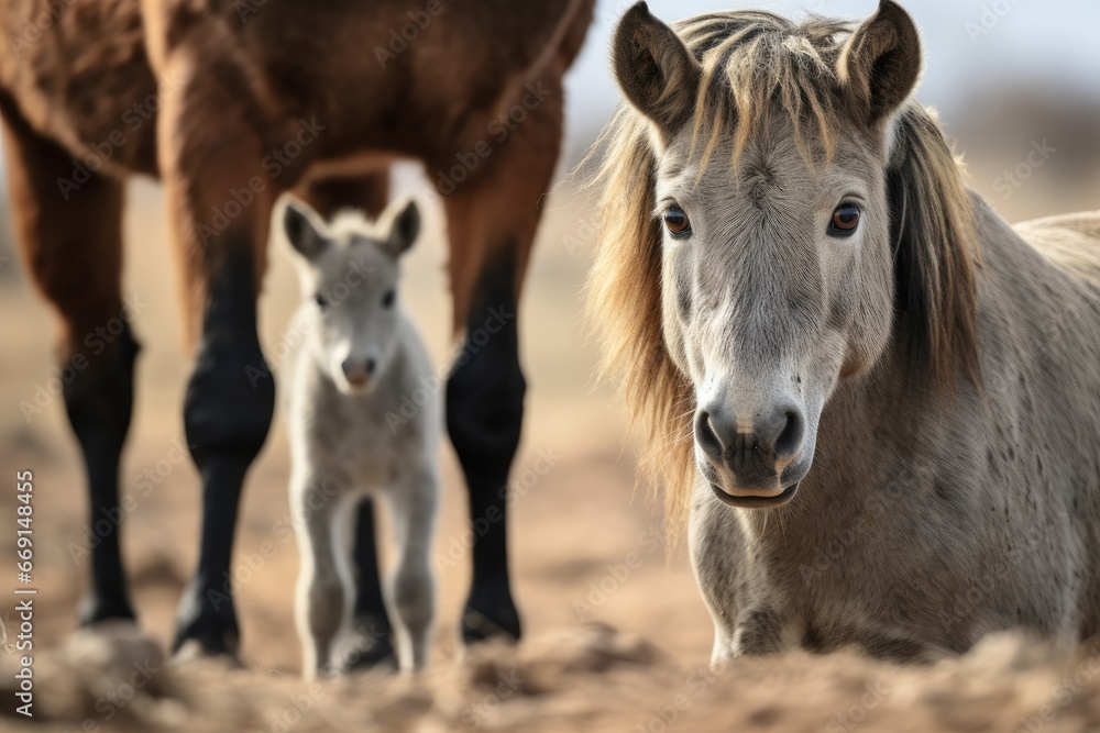 Poster a close up of a horse and a foal in a field with another horse in the background and a third horse i