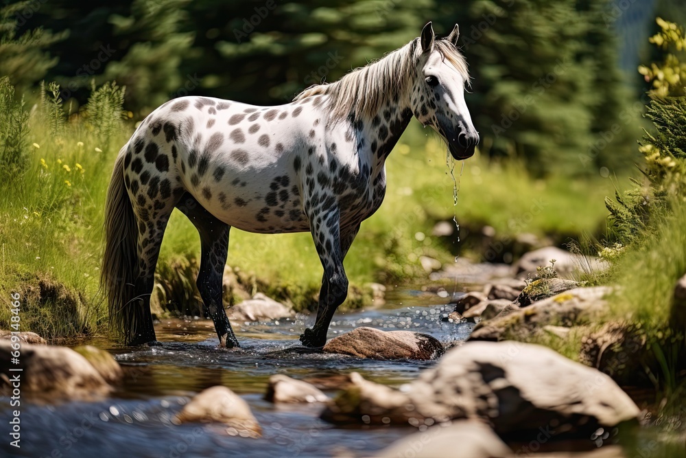 Aufkleber a white and black spotted horse standing in a stream with rocks and grass in the foreground and a wo
