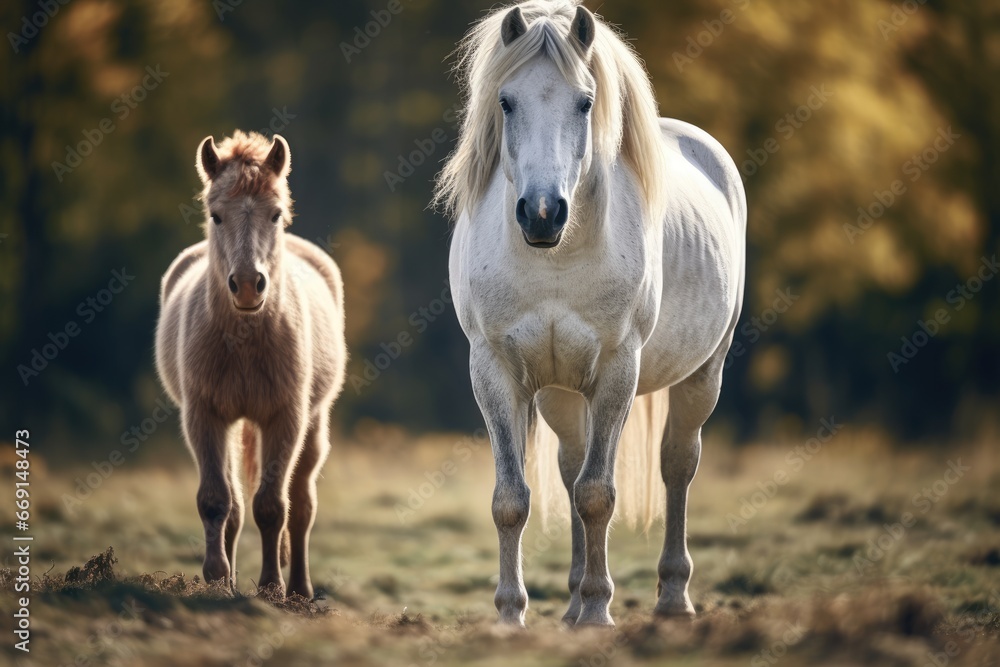 Poster a couple of white horses standing next to each other on top of a grass covered field with trees in t