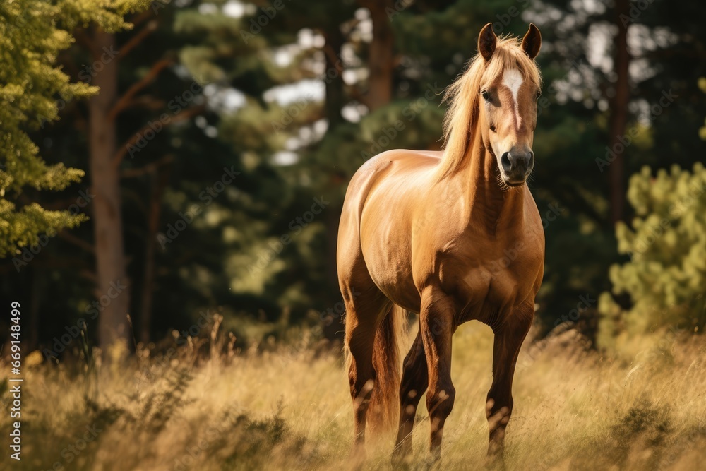 Poster a brown horse standing in the middle of a field of tall brown grass with trees in the back ground an