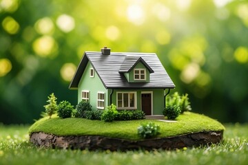 An AI illustration of a small house on an island with grass on the top