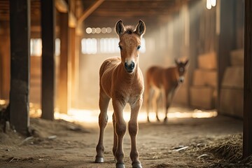  a foal standing in a barn with another foal standing in the background on the other side of the barn, with sunlight streaming through the windows.  generative ai - obrazy, fototapety, plakaty