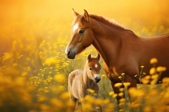  a brown horse standing next to a baby horse in a field of yellow flowers with the sun shining down on the horse and the baby horse in the foreground.  generative ai