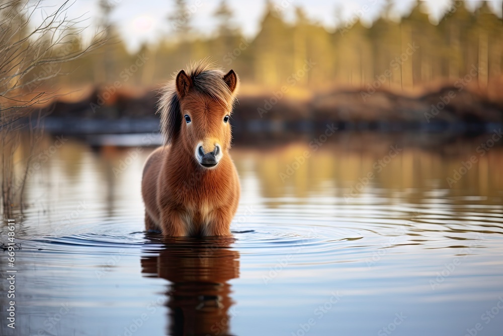 Poster a brown horse standing in a body of water with trees in the background and a body of water in the fo