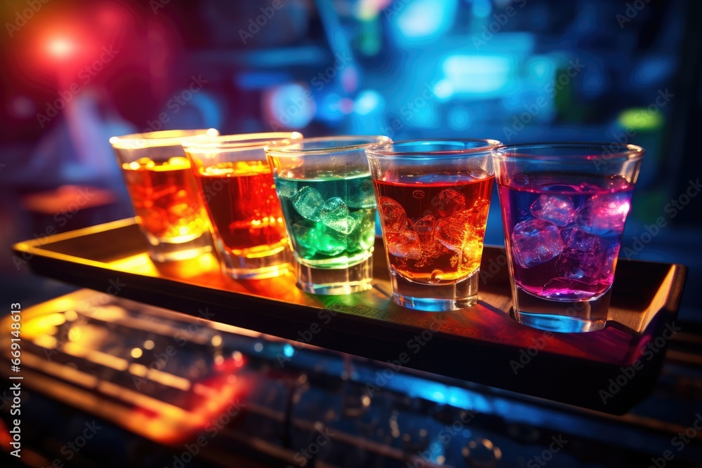Poster a row of glasses filled with different colored drinks on top of a wooden tray in front of a neon col