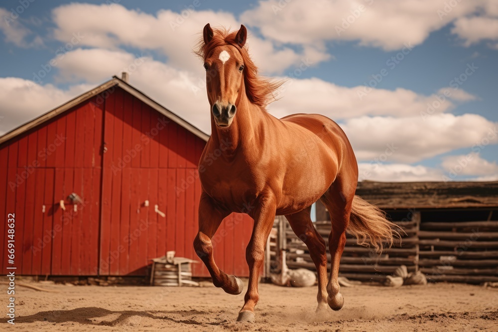 Poster a brown horse galloping in front of a red barn on a dirt field next to a wooden fence and a red barn