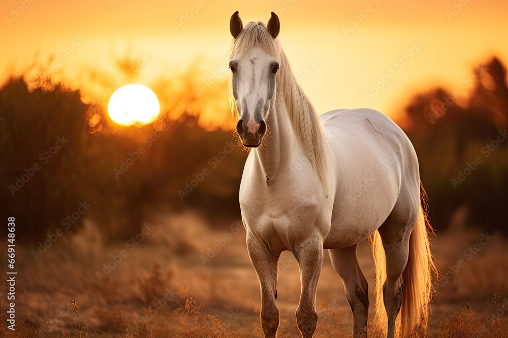 Poster a white horse standing in a field with the sun setting in the background and trees in the foreground