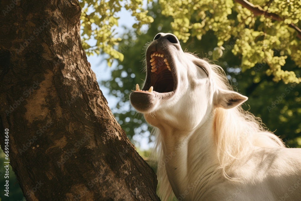 Poster a white dog with it's mouth open and it's mouth wide open with it's mouth wide open, standing next t