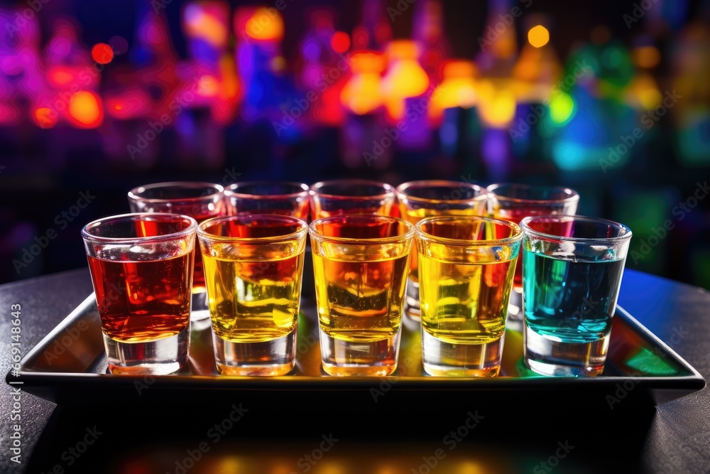 Poster a row of glasses filled with different colored liquids on top of a metal tray on top of a wooden tab