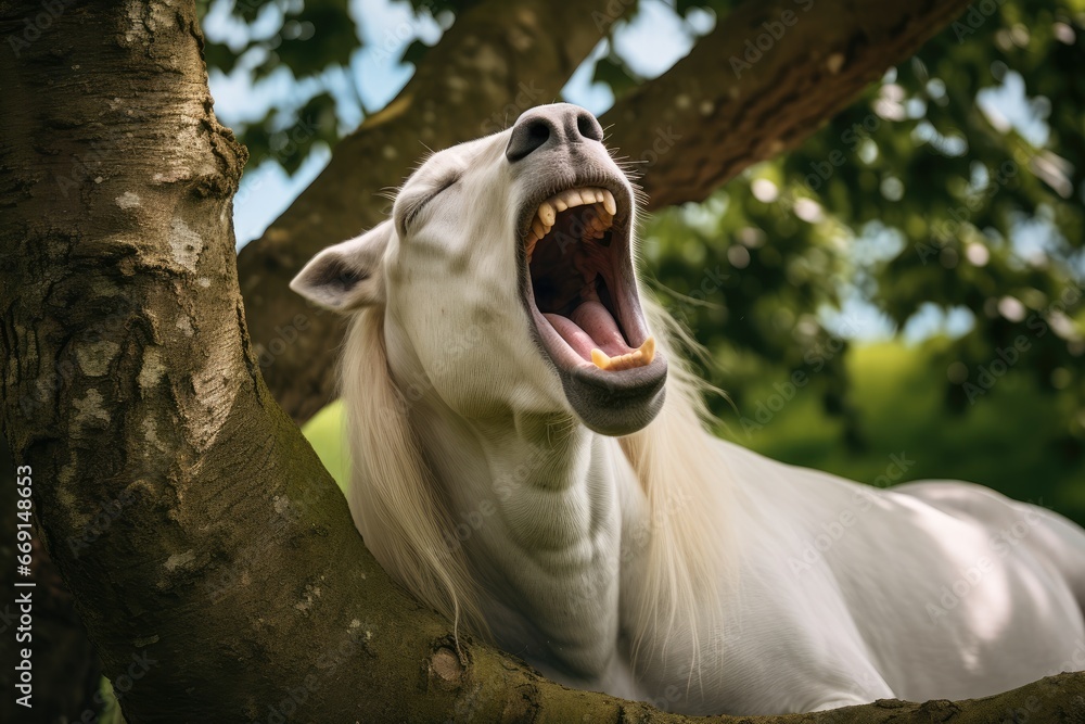 Poster a white horse with it's mouth open and it's mouth wide open with it's mouth wide open and it's mouth