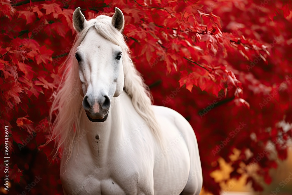 Poster a white horse standing in front of a tree with red leaves on it's branches and a white horse with lo