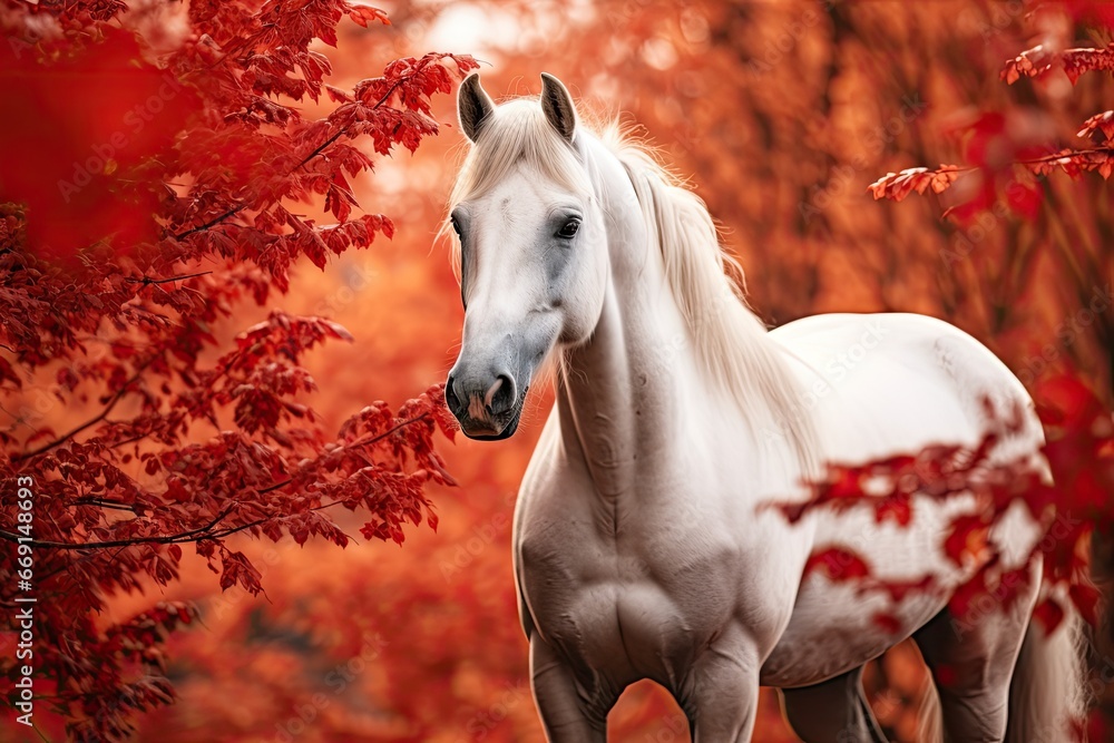 Poster a white horse standing in the middle of a forest with red leaves on it's trees and a white horse sta