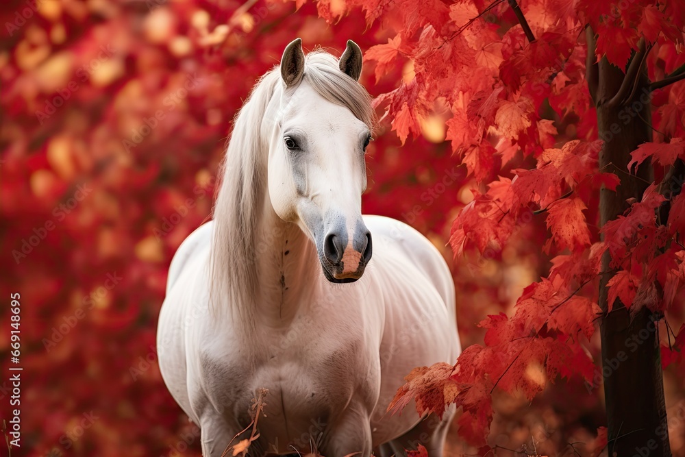 Poster a white horse standing in front of a tree with red leaves on it's branches and a white horse standin