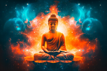 buddha scultpure meditating in lotus position blue and orange cosmos background 