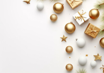 Fototapeta premium Christmas composition concept, gifts, fir tree branches, red decorations on background. Christmas, winter, new year concept. Flat lay, top view, copy space for text