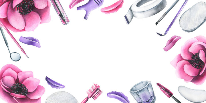 Tools and cosmetics for the master of eyelash and eyebrow extension and lamination. Watercolor illustration, hand drawn. Frame, template on a white background.
