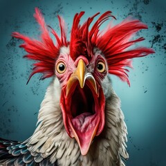 Grotesque Caricature of Chicken with Red and White Hair on Dark Background