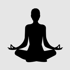 Meditate person sit lotus pose silhouette. Spiritual aura energy. Mental health balance. Third eye concept. People practice yoga asana. Woman find harmony. Abstract body therapy. Man train meditation. - obrazy, fototapety, plakaty