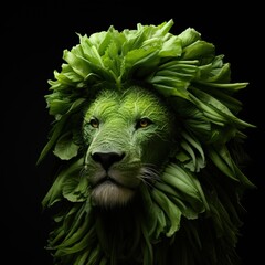 Green Lion Head Formed of Leaves in Conceptual Photographic Style - obrazy, fototapety, plakaty
