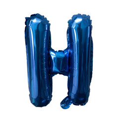 Blue foil balloon alphabet H isolated on white. Birthday greeting card. Anniversary concept.