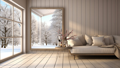 Scandinavian living room illustration. warmth at comfortable home. Winter outside in windows. Nordic style 3D interior with furnishing on background winter landscape trough window. Cozy cottage - obrazy, fototapety, plakaty