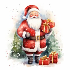 Santa Claus near a green New Year tree with toys, gifts nearby on a white isolated background in watercolor style