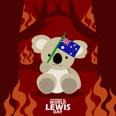 A koala holding an Australian flag on an illustration of a burning forest, with bold text to commemorate World Lewis Day on November 26