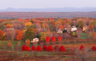Overlooking a peaceful New England Farm in the autumn at sunrise with frost on foreground, Boston, Massachusetts, USA