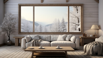 Scandinavian living room illustration. warmth at comfortable home. Winter outside in windows. Nordic style 3D interior with furnishing on background winter landscape trough window. Cozy cottage